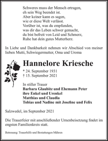 Traueranzeige von Hannelore Kriesche  von Magdeburger Volksstimme