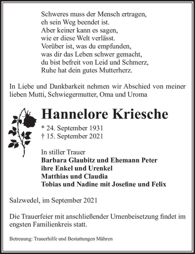  Traueranzeige für Hannelore Kriesche  vom 18.09.2021 aus Magdeburger Volksstimme