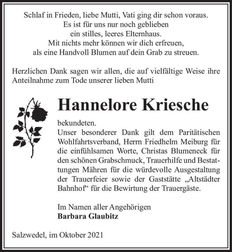  Traueranzeige für Hannelore Kriesche  vom 13.10.2021 aus Magdeburger Volksstimme