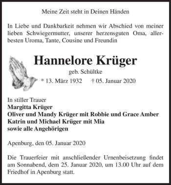 Traueranzeige von Hannelore Krüger (geb. Schültke)  von Magdeburger Volksstimme