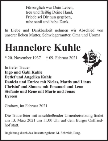 Traueranzeige von Hannelore Kuhle  von Magdeburger Volksstimme