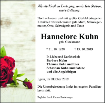 Traueranzeige von Hannelore Kuhn (geb. Glockmann)  von Magdeburger Volksstimme