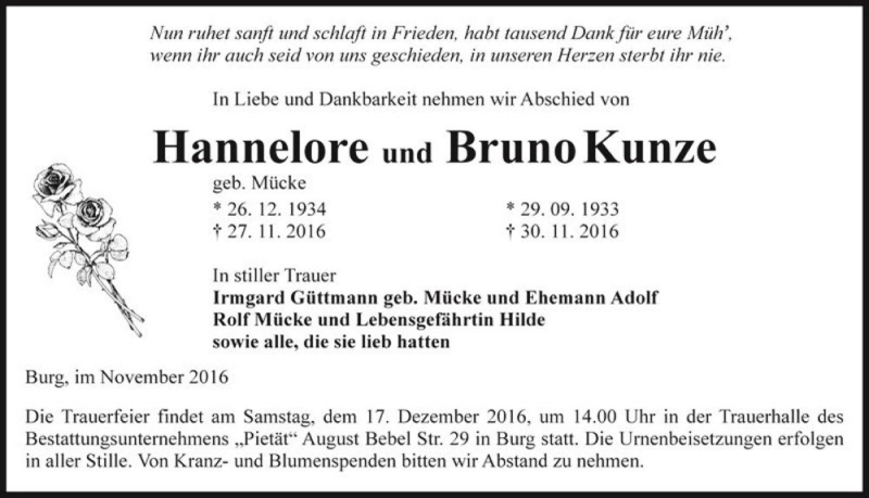  Traueranzeige für Hannelore Kunze (geb. Mücke)  vom 03.12.2016 aus Magdeburger Volksstimme