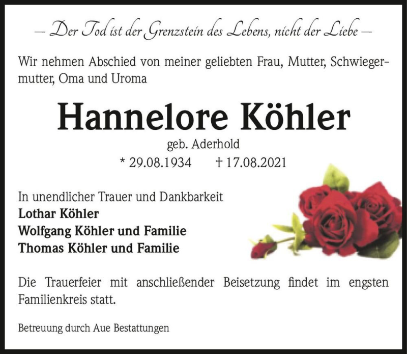  Traueranzeige für Hannelore Köhler (geb. Aderhold)  vom 28.08.2021 aus Magdeburger Volksstimme