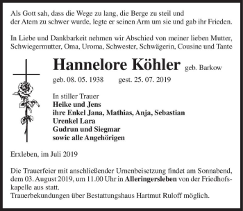 Traueranzeige von Hannelore Köhler (geb. Barkow)  von Magdeburger Volksstimme