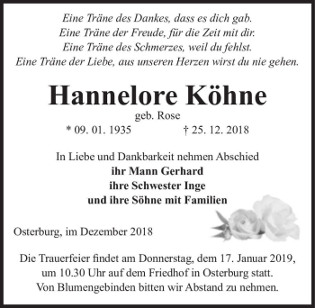 Traueranzeige von Hannelore Köhne (geb. Rose)  von Magdeburger Volksstimme