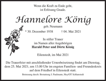 Traueranzeige von Hannelore König (geb. Neumann)  von Magdeburger Volksstimme