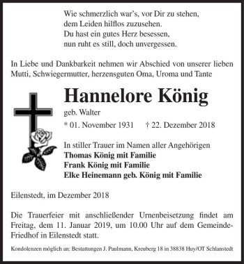 Traueranzeige von Hannelore König (geb. Walter)  von Magdeburger Volksstimme