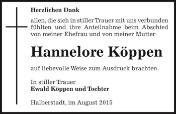 Traueranzeige von Hannelore Köppen  von Magdeburger Volksstimme