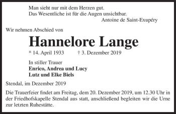 Traueranzeige von Hannelore Lange  von Magdeburger Volksstimme