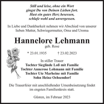 Traueranzeige von Hannelore Lehmann (geb. Rose)  von Magdeburger Volksstimme