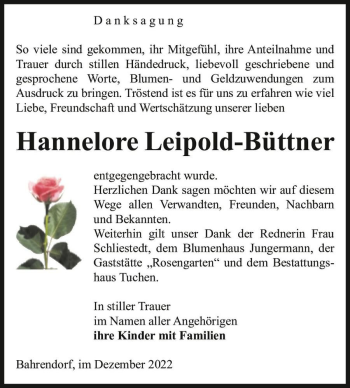 Traueranzeige von Hannelore Leipold-Büttner  von Magdeburger Volksstimme