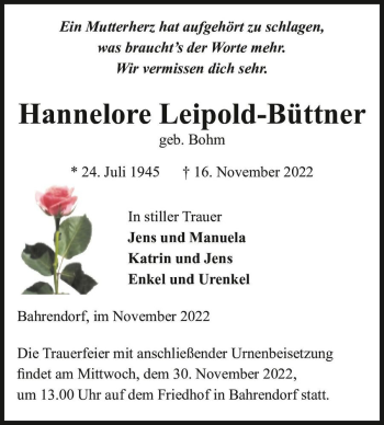 Traueranzeige von Hannelore Leipold-Büttner (geb. Bohm)  von Magdeburger Volksstimme