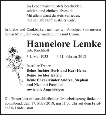 Traueranzeige von Hannelore Lemke (geb. Kirchhoff)  von Magdeburger Volksstimme