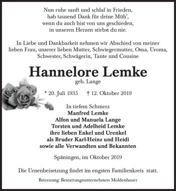Traueranzeige von Hannelore Lemke (geb. Lange)  von Magdeburger Volksstimme