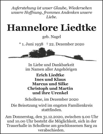 Traueranzeige von Hannelore Liedtke (geb. Nagel)  von Magdeburger Volksstimme