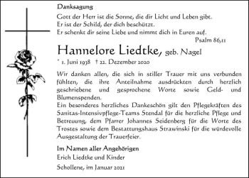 Traueranzeige von Hannelore Liedtke (geb. Nagel)  von Magdeburger Volksstimme