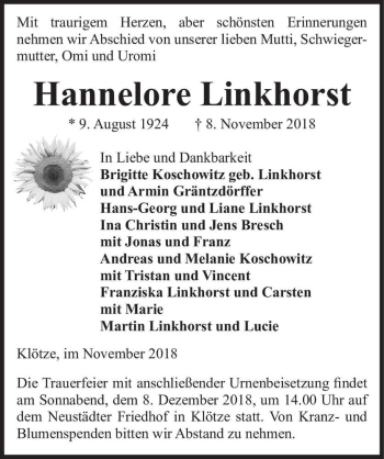 Traueranzeige von Hannelore Linkhorst  von Magdeburger Volksstimme