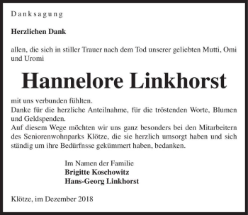 Traueranzeige von Hannelore Linkhorst  von Magdeburger Volksstimme
