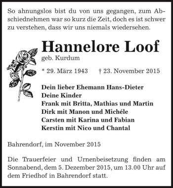 Traueranzeige von Hannelore Loof (geb. Kurdum)  von Magdeburger Volksstimme