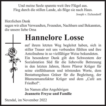 Traueranzeige von Hannelore Losse  von Magdeburger Volksstimme
