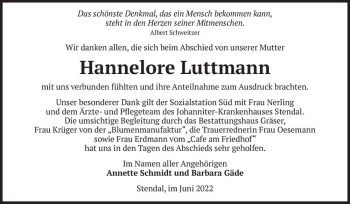 Traueranzeige von Hannelore Luttmann  von Magdeburger Volksstimme