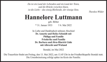 Traueranzeige von Hannelore Luttmann (geb. Bölter)  von Magdeburger Volksstimme