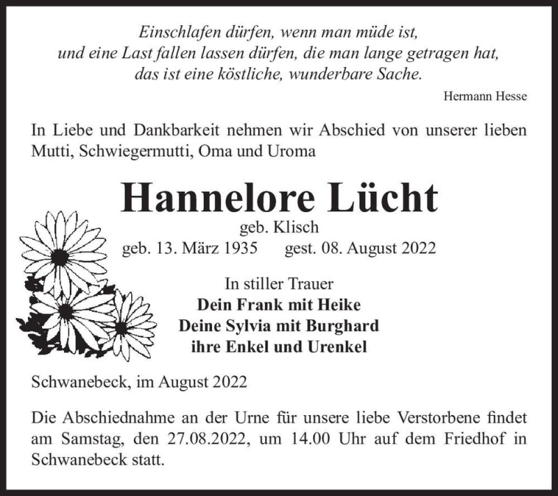  Traueranzeige für Hannelore Lücht (geb. Klisch)  vom 20.08.2022 aus Magdeburger Volksstimme