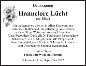 Traueranzeige von Hannelore Lücht (geb. Klisch)  von Magdeburger Volksstimme