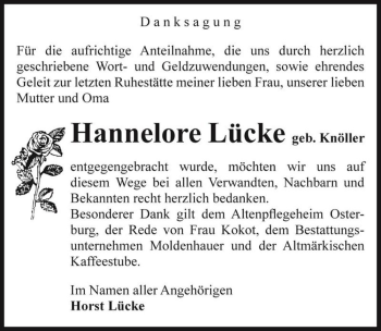 Traueranzeige von Hannelore Lücke (geb. Knöller)  von Magdeburger Volksstimme