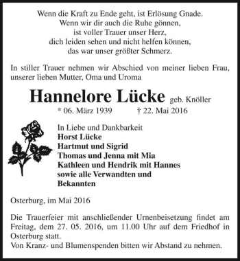 Traueranzeige von Hannelore Lücke (geb. Knöller)  von Magdeburger Volksstimme