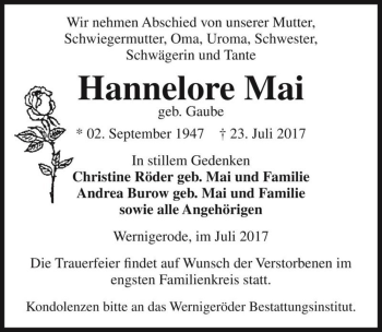 Traueranzeige von Hannelore Mai (geb. Gaube)  von Magdeburger Volksstimme
