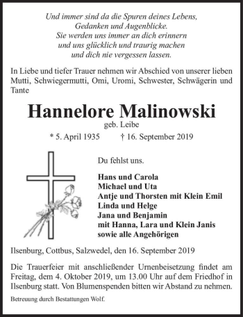 Traueranzeige von Hannelore Malinowski (geb. Leibe)  von Magdeburger Volksstimme