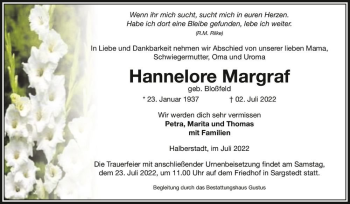 Traueranzeige von Hannelore Margraf (geb. Bloßfeld)  von Magdeburger Volksstimme