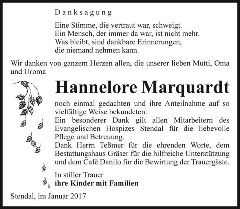  Traueranzeige für Hannelore Marquardt  vom 13.01.2017 aus Magdeburger Volksstimme