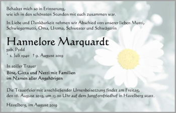 Traueranzeige von Hannelore Marquardt (geb. Pydd)  von Magdeburger Volksstimme