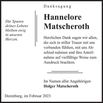 Traueranzeige von Hannelore Matscheroth  von Magdeburger Volksstimme