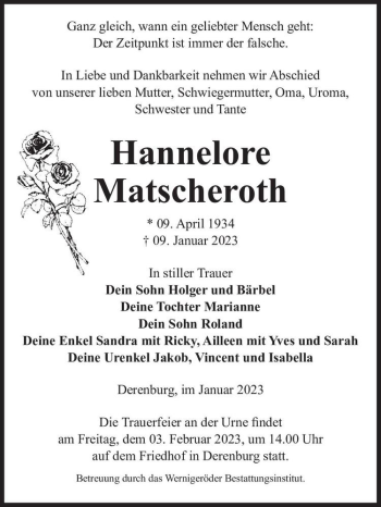 Traueranzeige von Hannelore Matscheroth  von Magdeburger Volksstimme