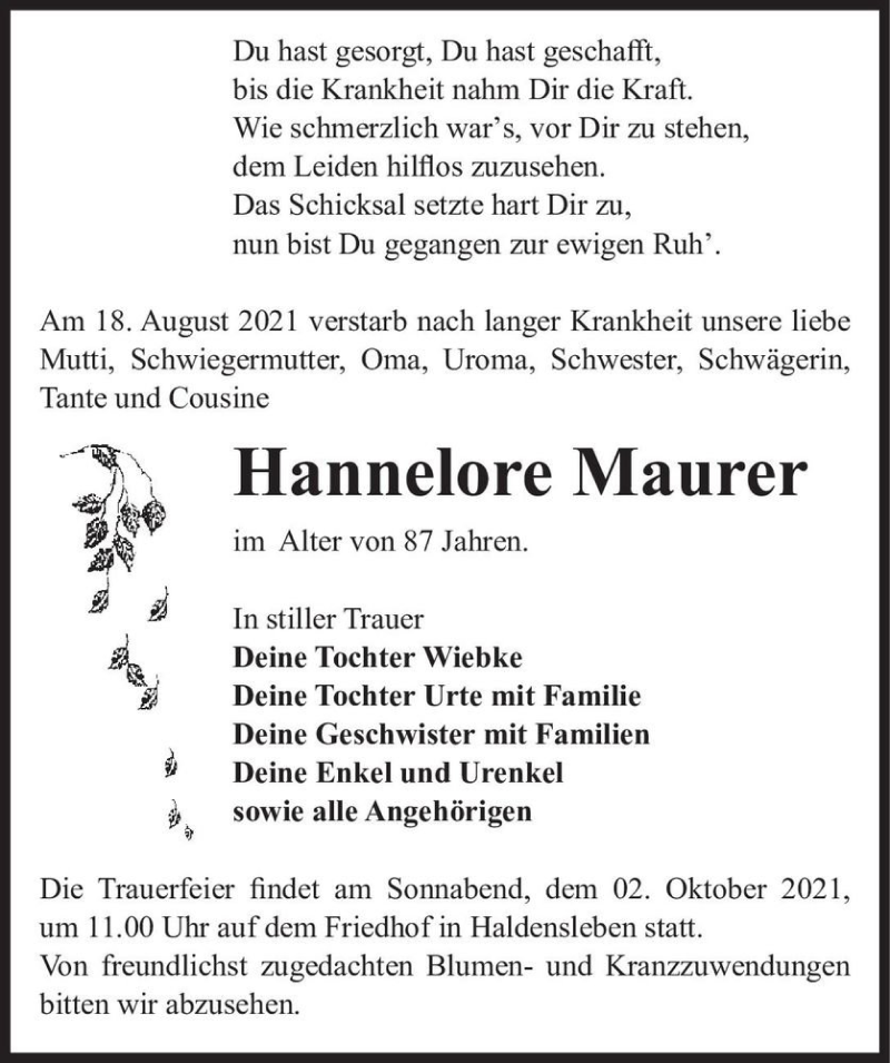  Traueranzeige für Hannelore Maurer  vom 18.09.2021 aus Magdeburger Volksstimme