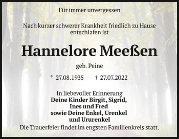 Traueranzeige von Hannelore Meeßen (geb. Peine)  von Magdeburger Volksstimme