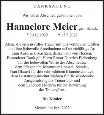 Traueranzeige von Hannelore Meier (geb. Schulz)  von Magdeburger Volksstimme