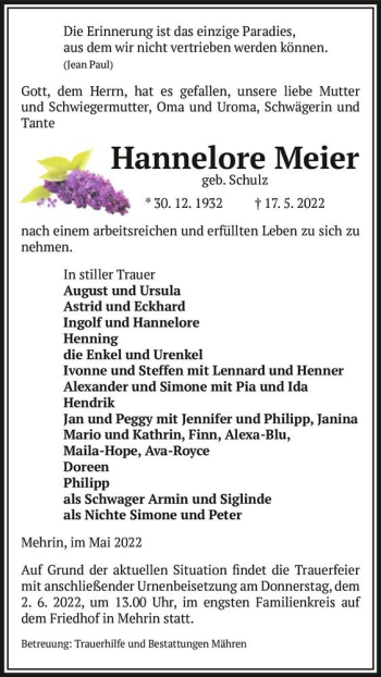 Traueranzeige von Hannelore Meier (geb. Schulz)  von Magdeburger Volksstimme