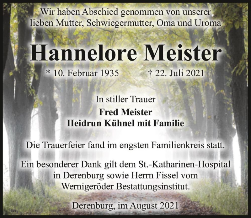  Traueranzeige für Hannelore Meister  vom 30.08.2021 aus Magdeburger Volksstimme