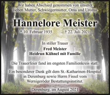 Traueranzeige von Hannelore Meister  von Magdeburger Volksstimme