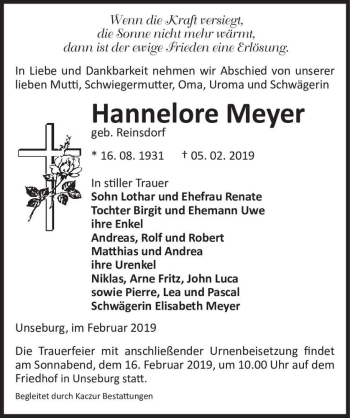 Traueranzeige von Hannelore Meyer (geb. Reinsdorf)  von Magdeburger Volksstimme