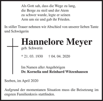 Traueranzeige von Hannelore Meyer (geb. Schwerin)  von Magdeburger Volksstimme