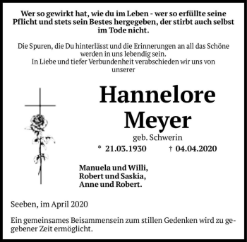Traueranzeige von Hannelore Meyer (geb. Schwerin)  von Magdeburger Volksstimme
