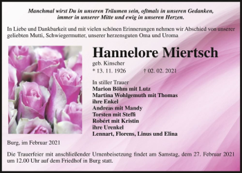 Traueranzeige von Hannelore Miertsch (geb. Kinscher)  von Magdeburger Volksstimme