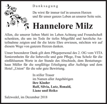 Traueranzeige von Hannelore Milz  von Magdeburger Volksstimme