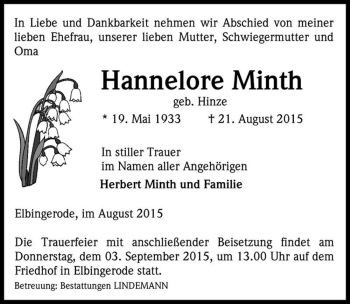 Traueranzeige von Hannelore Minth (geb. Hinze)  von Magdeburger Volksstimme